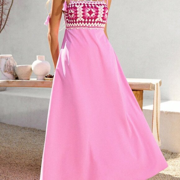 Pink Boho Women's Crochet Splice Spaghetti Strap Maxi Dress - Picture 6 of 7